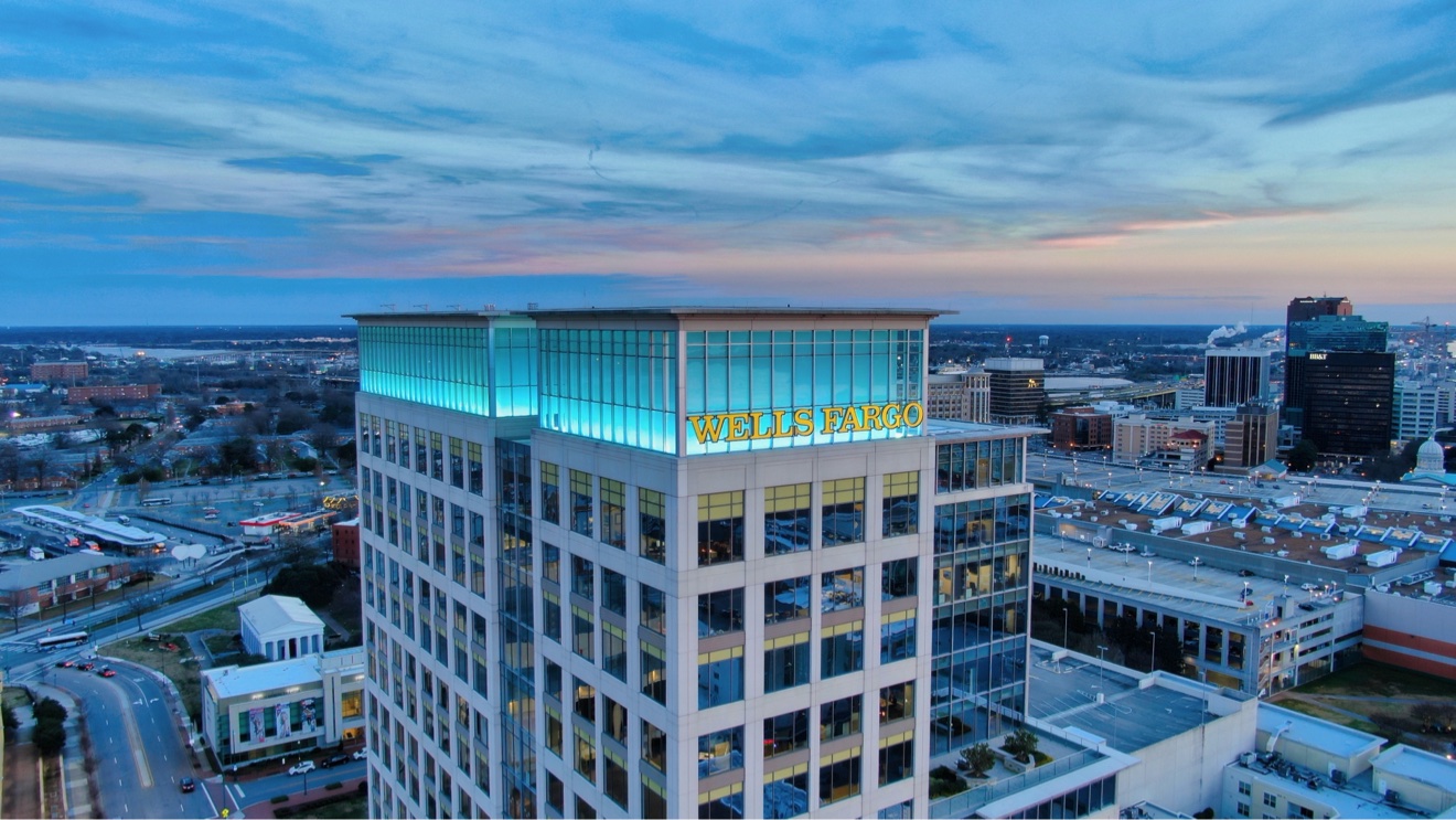 Aerial view of the downtown Norfolk skyline at dusk