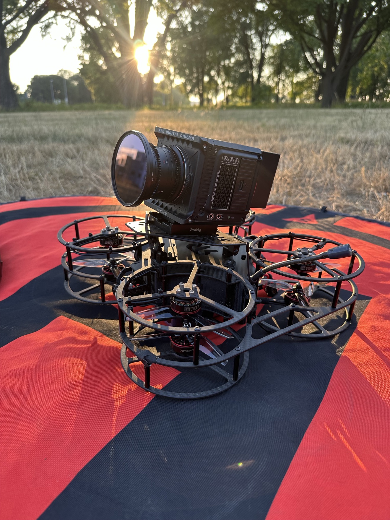 Heavy-lift cinema FPV drone carrying a RED digital cinema camera